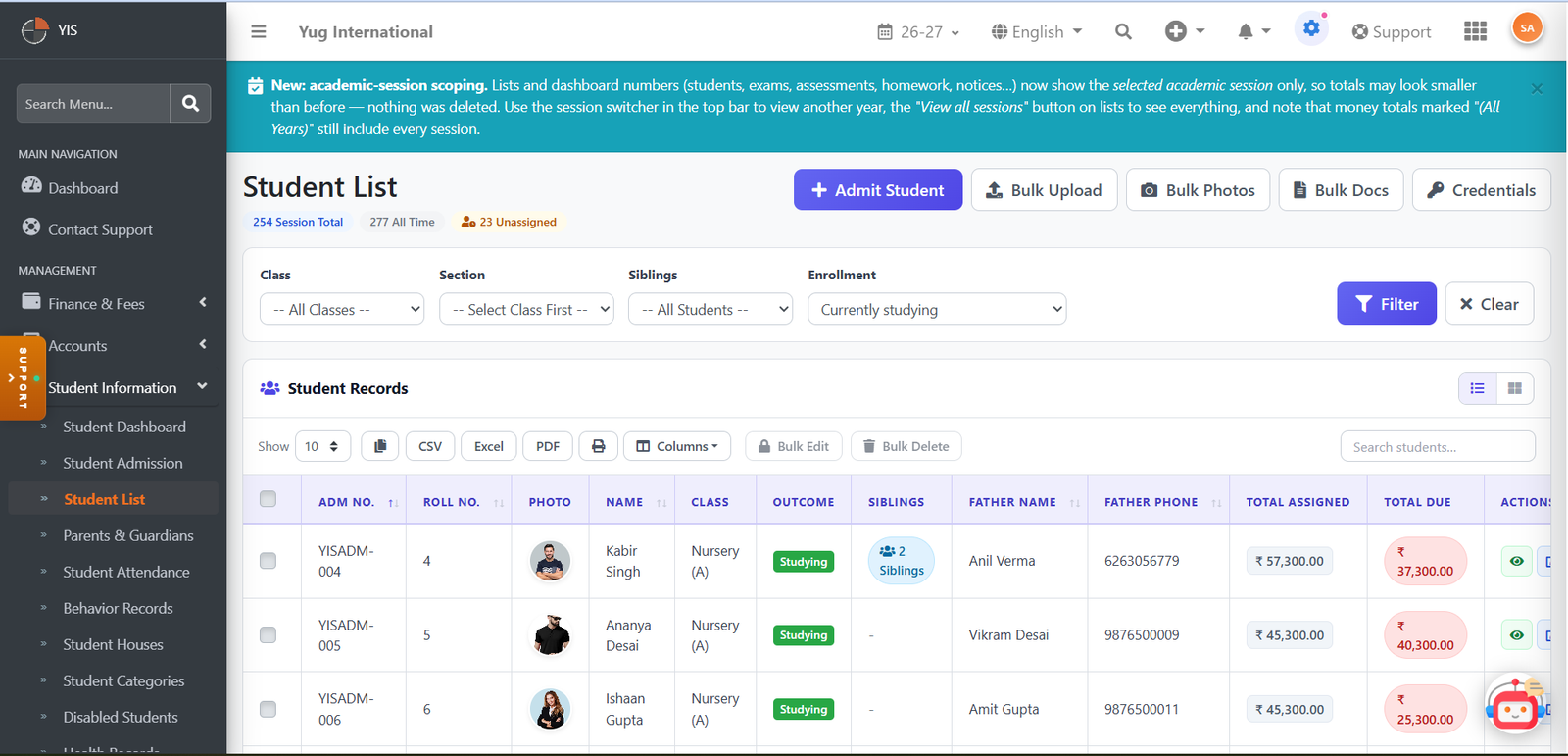 SchoolElite student list management screen
